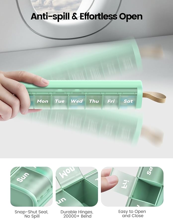 Weekly Pill Organizer, 7 Day Pill Box with Moisture-Proof Desiccant Chamber, Compact Daily Medicine Pill Case, Easy Open, Portable Handle for Vitamins & Supplements