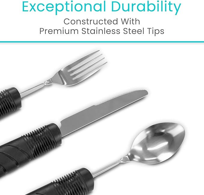 Vive Adaptive Utensil Set - Arthritis Aid Silverware for Parkinsons, Hand Tremors - Easy Grip for Shaking and Trembling Hands - Heavy Stainless Steel Spoon (Bendable)