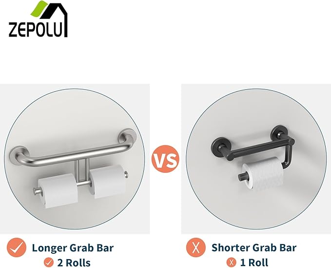 Brushed Nickel Handicap Grab Bar w/Toilet Paper Roll Holder, Zepolu 2-in-1 Safety Assist Bar Balanced Support Handle 17 Inch, Stainless Steel Wall Mounted Bathroom Toilet Grab Bar for Senior Elderly
