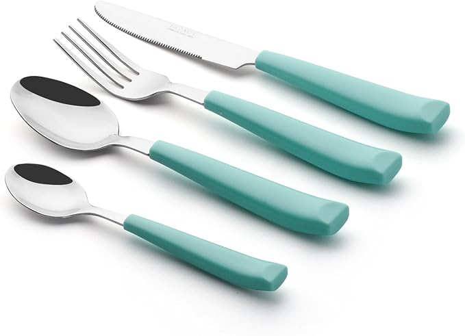 EXZACT 16-Piece Flatware Set for 4 – Colored Stainless Steel Cutlery with Wide Plastic Handles – Comfortable Tableware: Forks, Knives, Spoons, Teaspoons