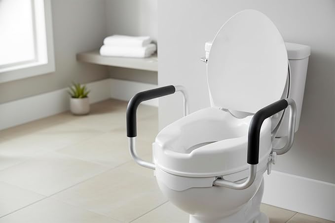 PEPE Mobility Raised Toilet Seat with Handles and Lid for Elderly 4" High, Fits Round and Elongated up to 15" Wide, Commode Seat with Sturdy Brackets, Medical Aid