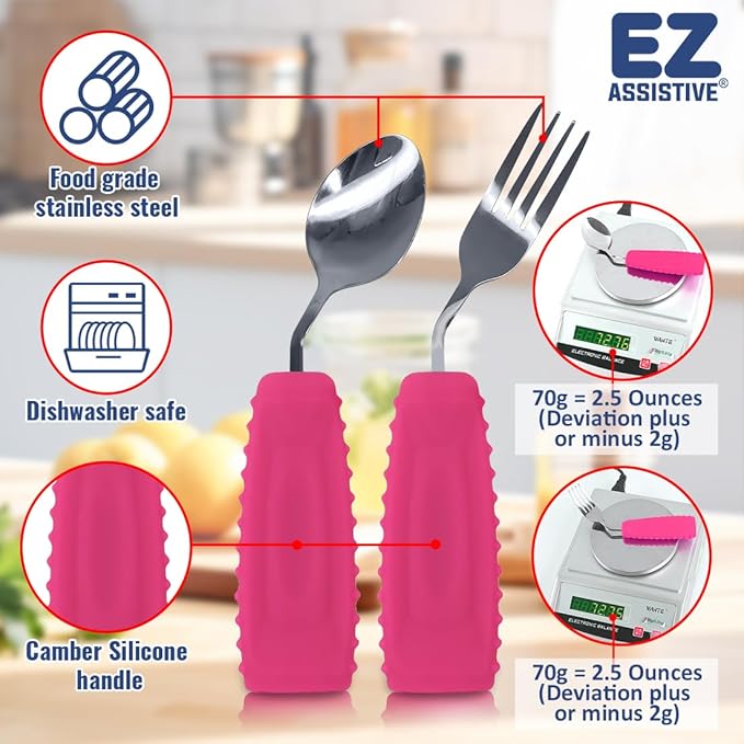 EZ Assistive Adaptive Weighted Utensils Set – Spoon and Fork for Hand Tremors, Parkinson’s, Elderly, and Arthritis – Adaptive Eating Utensils for Weak Grip and Limited Mobility