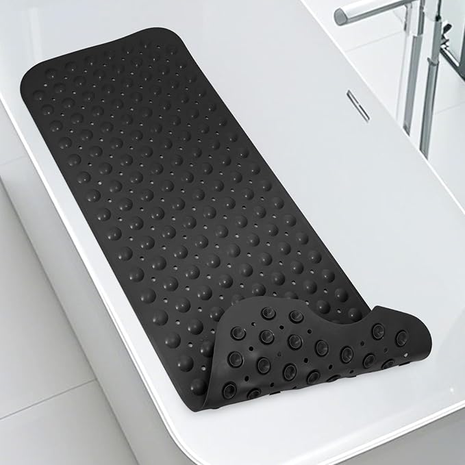 WarmSnow Long Bathtub Mat Non Slip 39.5 x 16 Inch, Inside Shower Mats with Suction Cups & Drain Holes, Soft TPE Bath Mat for Tub, Quick-Drain Bathroom Floor Mats, Black