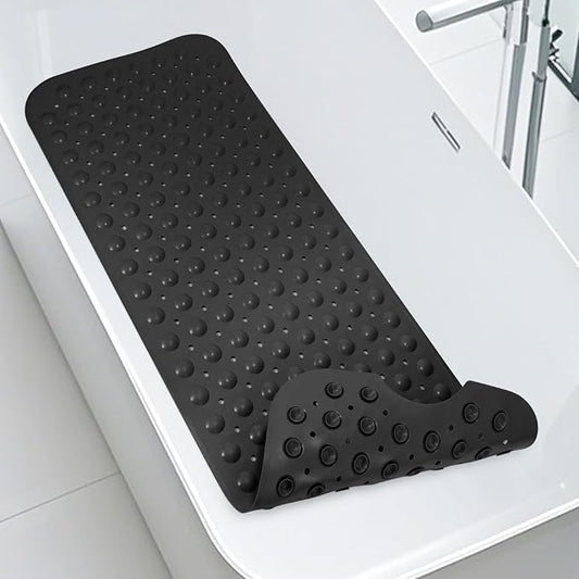 WarmSnow Long Bathtub Mat Non Slip 39.5 x 16 Inch, Inside Shower Mats with Suction Cups & Drain Holes, Soft TPE Bath Mat for Tub, Quick-Drain Bathroom Floor Mats, Black