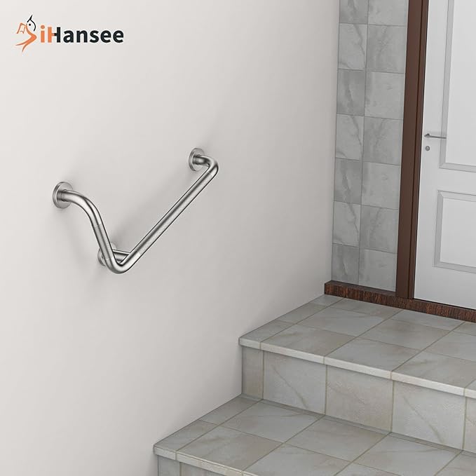 Brushed Nickel Angled Grab Bar 12x24 Inch, iHansee Bathroom Safety Bar w/Anti-Slip Knurled Grip, Wall Mount L-Shaped Shower Handle for Elderly Senior Handicap, Toilet Bathtub Balance Support Bar