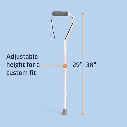 Medline Aluminum-Chrome Offset Walking Cane, Adjusts 29–38” & Supports Up to 300 Lbs. — Mobility Aid Provides Balance for Seniors & Adults