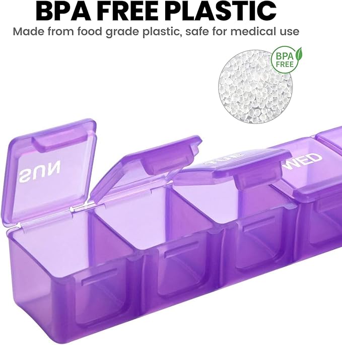 Sukuos Extra Large Weekly Pill Organizer, 7 Day Daily Pill Box Case Arthritis Friendly, Silkscreen Printed Medicine Container with Clear Lid for Vitamins, Fish Oils or Supplements (Purple)