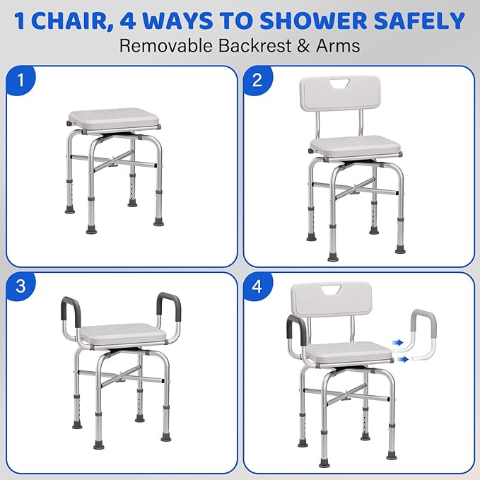 360° Swivel Shower Chair for Inside Shower,500lbs Swivel Shower Chair with Arms andBack, Adjustable Height Shower Chair forElderly and Disabled with Stable Non-SlipDesign Bathroom Tub Stool