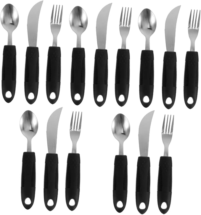 Hemoton Adaptive Utensils Set for Elderly Weighted Silverware with Non-Slip Handles 15-Piece Spoon Fork Knife Tremble Proof Tableware for Disabled Adults 8.66 Inch