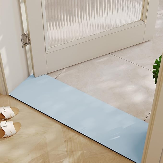 Cuttable Bath Mat for Narrow Spaces - Super Absorbent Doorway Floor Mat, Non-Slip Shower Threshold Rug for Bathroom, Kitchen, Entryway (Blue, 39''x12'')