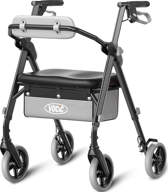 VOCIC Walkers for Seniors, Z11 Rollator Walker with Seat, Max 380 lbs, Avant Walkers with Ergo Seat & Backrest, Foldable Rollator Adjustable Height, All Terrain Walker, Lightweight
