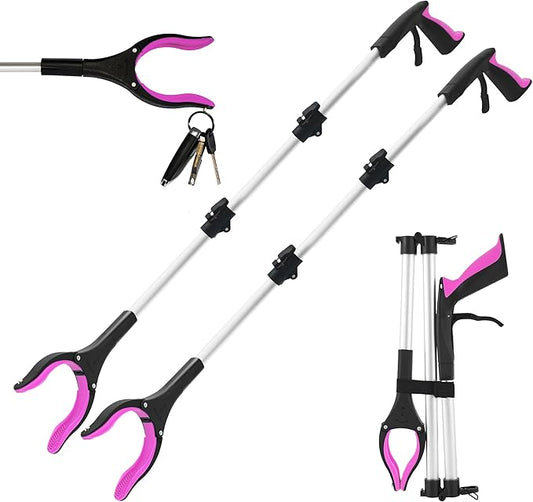 Grabber Reacher Tool for Seniors, 36" Foldable Reacher Grabbers Pickup Stick with Anti-Slip 360° Rotating Jaw, with Magnet for Disabled, After Surgery Recovery (Pink, 36inch 2pack)
