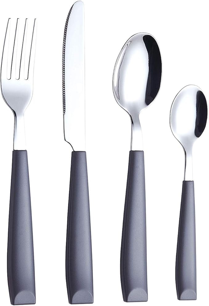 EXZACT 16-Piece Flatware Set for 4 – Colored Stainless Steel Cutlery with Wide Plastic Handles – Comfortable Tableware: Forks, Knives, Spoons, Teaspoons
