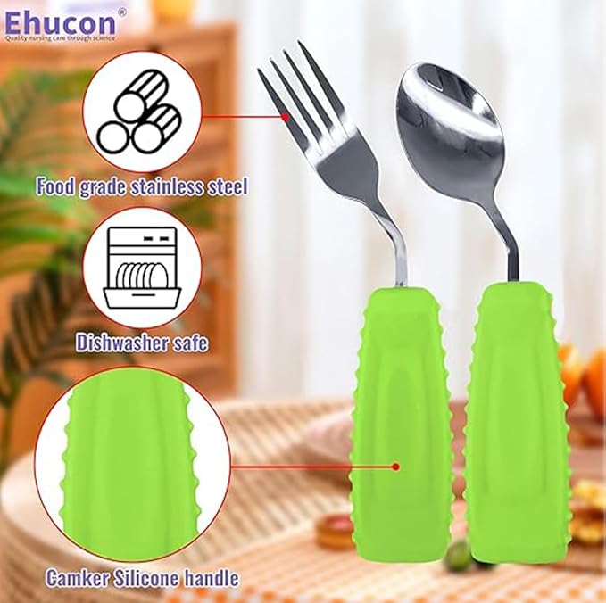 Adaptive Utensils,Weighted Angled Silverware,Parkinsons Aids,Curved Non-Slip Easy Grip Spoon and Fork Set for Tremors,Disabled,Handicap,Elderly,Arthritis (Right Hand,Pack of 2,Green)