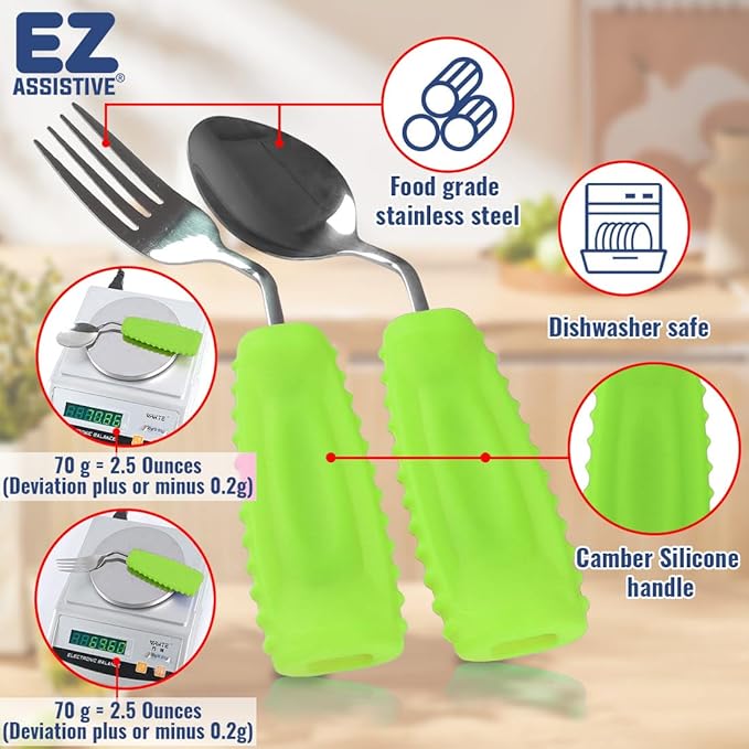 EZ Assistive Adaptive Weighted Utensils Set – Spoon and Fork for Hand Tremors, Parkinson’s, Elderly, and Arthritis – Adaptive Eating Utensils for Weak Grip and Limited Mobility