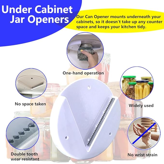 Under Cabinet Jar Openers for Seniors With Arthritis or Weak Hands, One Handed Bottle Openers, Easy to Use Kitchen Can Opener-White
