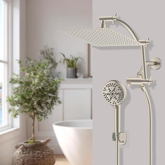 Hibbent All Metal cUPC Certified Shower Head, 12'' High Pressure Rain Shower Head, Handheld Showerhead Combo with 16'' Adjustable Extension Arm, 10 Sprays, 71'' Hose, Showerhead Holder, Brushed Nickel