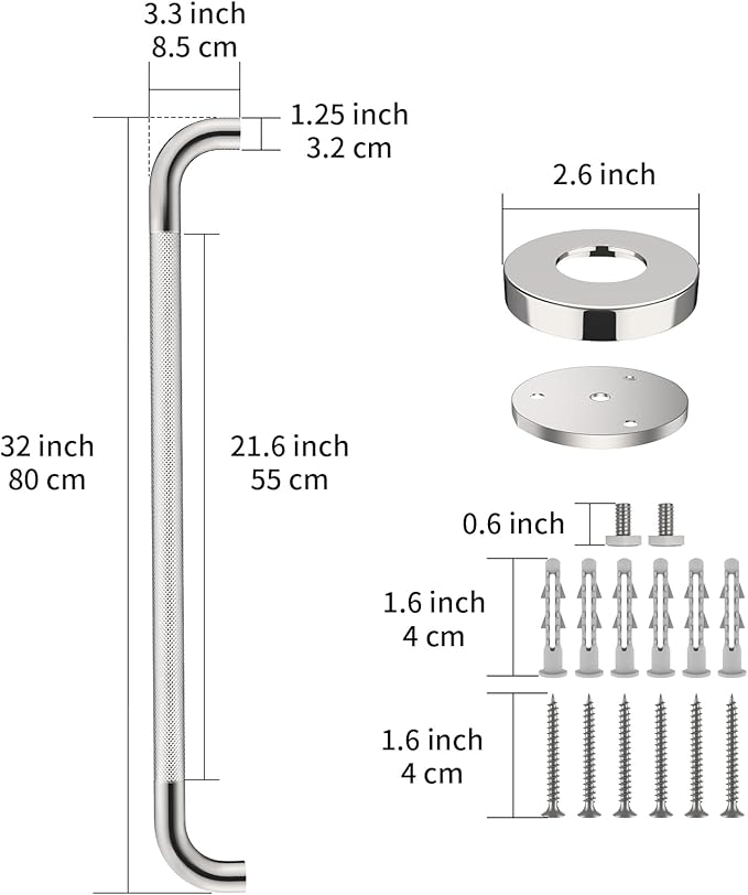 2 Pack 32 Inch Anti Slip Shower Grab Bar Handles, ZUEXT Chrome Stainless Steel Knurled Bathroom Balance Bar, Safety Hand Rail Support,Handicap Elderly Injury Senior Assist Bath Handle(1.25" Diameter)