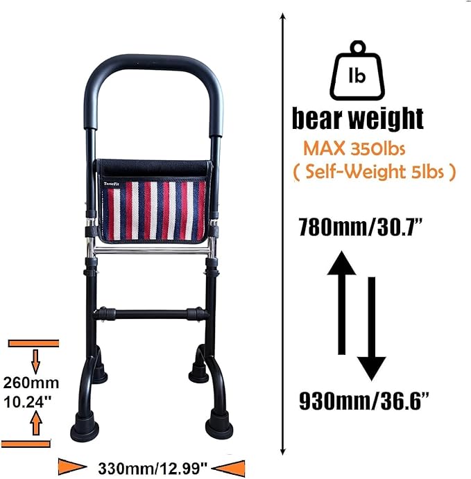 Stand Assist Aid for Elderly; Toilet Assist Rails for Tight Bathroom; Quad Canes for Seniors; Mobility Aids for Short Indoor Movements; Height Adjustable to 36 inches; Weight 5lbs Bear 350lbs