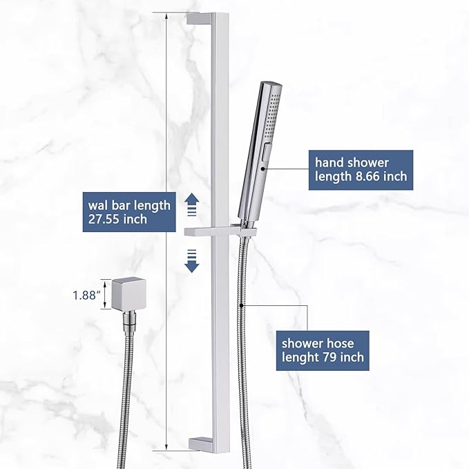 Handheld Shower Head with Slide Bar Combo, 27.5-Inch Adjustable Height Slide Bar, High Perssure Handheld Shower Head with 6.6ft Extra Long Hose, Brass Wall Supply Elbow, Chrome