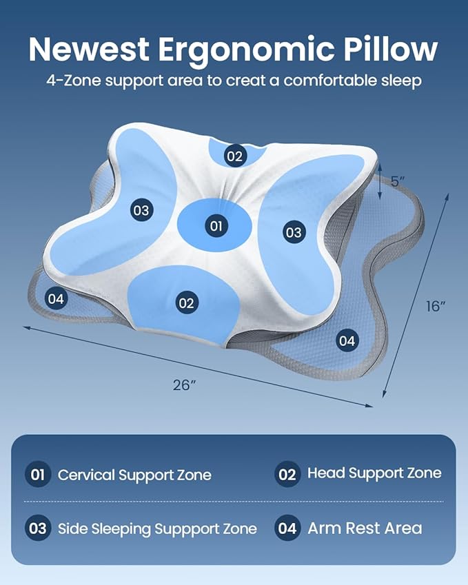 Cervical Pillow for Neck Pain Relief, 4-Height Adjustable Oeko-TEX Memory Foam Contour Pillow for Sleeping, Ergonomic Orthopedic Cooling Neck Pillow for Side Back Stomach Sleepers, Arm Support