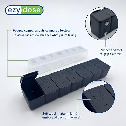 EZY DOSE Weekly (7-Day) Daily Pill Case, Embossed Matte Pill Case, Daily Medicine & Vitamin Organizer Box, Large Easy-Open Compartments, BPA-Free Medication Planner for Home & Travel, Black