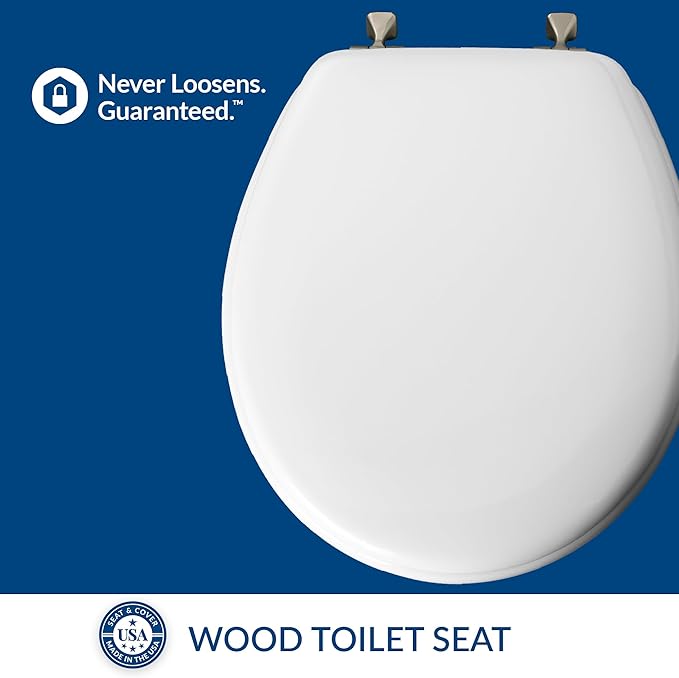 MAYFAIR 844BN 000 Toilet Seat with Brushed Nickel Hinges will Never Come Loose, ROUND, White, 2 Pack - ROUND