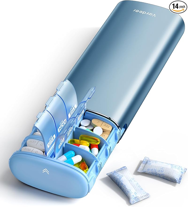 Vaydeer Metal 7 Day Pill Organizer 2 Times a Day – AM PM Weekly Travel Pill Case with Moisture-Proof Desiccant, Airtight Large Capacity Pill Box for Vitamins, Medications & Supplements (Blue)
