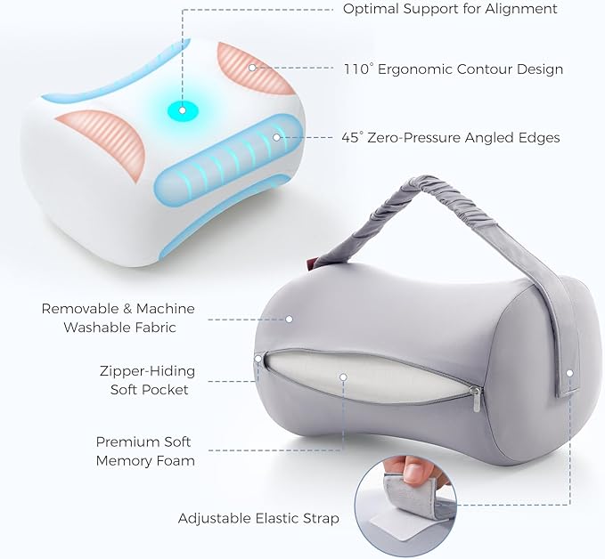Momcozy Knee Pillow for Side Sleepers, Soft Memory Foam & Pinch-Free Design, Relieve Knee, Leg and Sciatica Pain, Adjustable Elastic Strap Ideal for Pregnant Women and Seniors, Cooling Cover, Gray