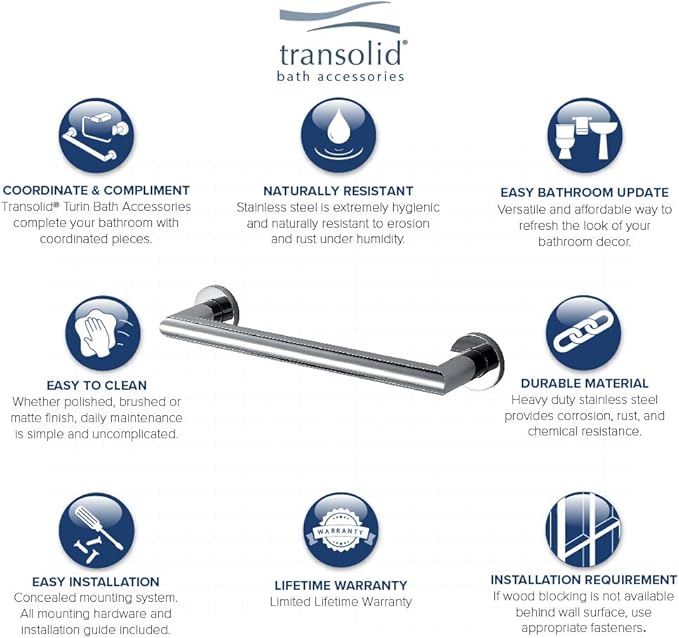 Transolid TS16PC Turin 16-inch Grab Bar, Polished Chrome