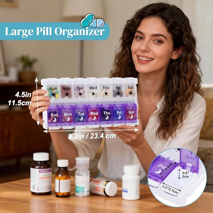 Shintop Am Pm Pill Organizer 7 Day, Push Button Weekly Pill Box 2 Times Removable Lid Medication Case Easy Fill Day Night Vitamin Container for Fish Oil Supplements (Purple & White)