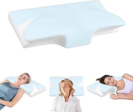 Cervical Pillow for Neck Pain Relief - Cooling Ergonomic Memory Foam Pillow with Arm Rest Slot & Ice Silk Pillowcase, Dual-Height Orthopedic Support Contour Pillow for Side, Back, Stomach Sleepers