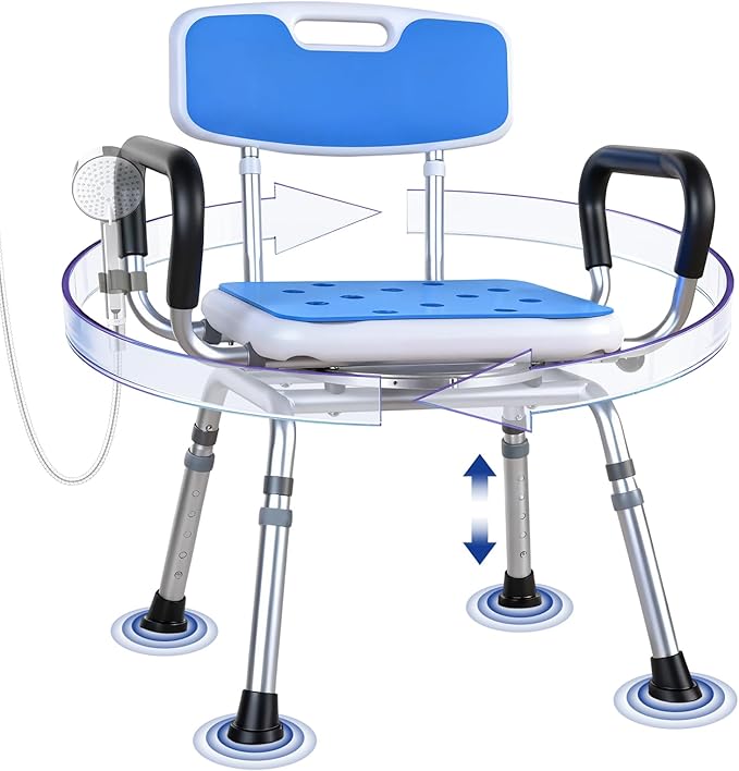 Deluxe Swivel Shower Chair with Arms & Back by CZMY, 360° Locking Seat, 5-Level Height Adjustable, Padded Heavy-Duty Bath Chair, 300 lbs, for Seniors, Elderly, Handicap & Disabled Blue