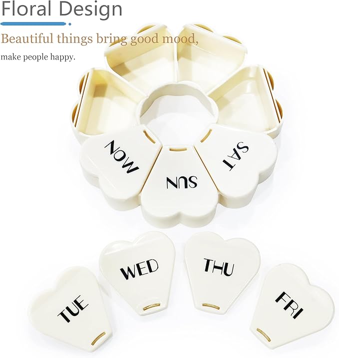 MOLN HYMY Large Weekly Pill Box 7 Day, Cute Pill Case Organizer 1 time a Day, Floral Pill Container Once Daily, Pretty Medicine Dispenser for Vitamin/Fish Oil/Medication/Supplements (Milky White)