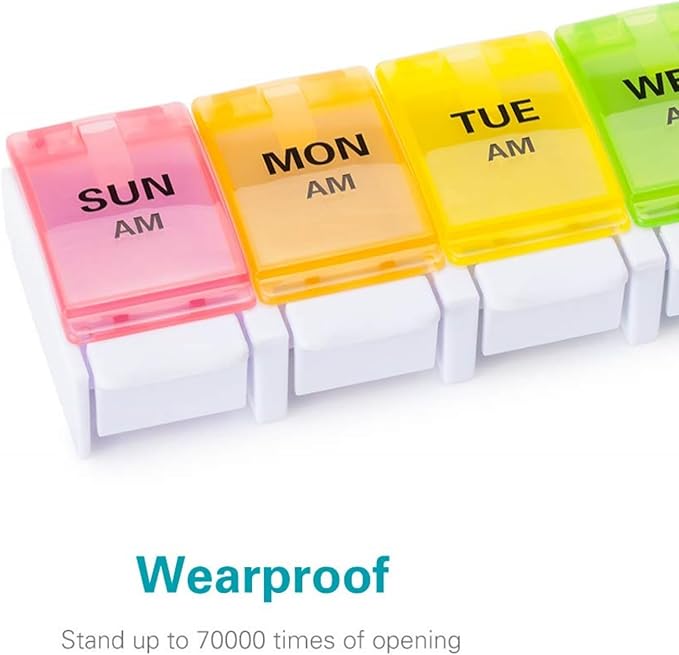 Sukuos AM PM Weekly Pill Organizer 2 Times A Day 2pcs, 7 Day Pill Box with Easy Push Button, BPA Free Medicine Case Vitamin Holder for Fish Oil/Supplements (Rainbow)