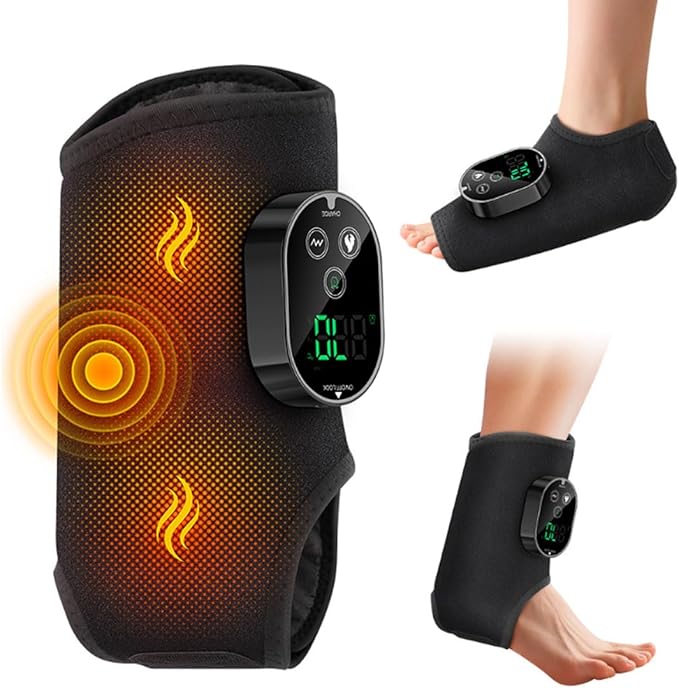 Ankle Massager,3-in-1 Wearable Hot & Vibration Massager for Feet, Ankles, and Arms | Reusable Heating Pad Brace for Home Recovery (Black)