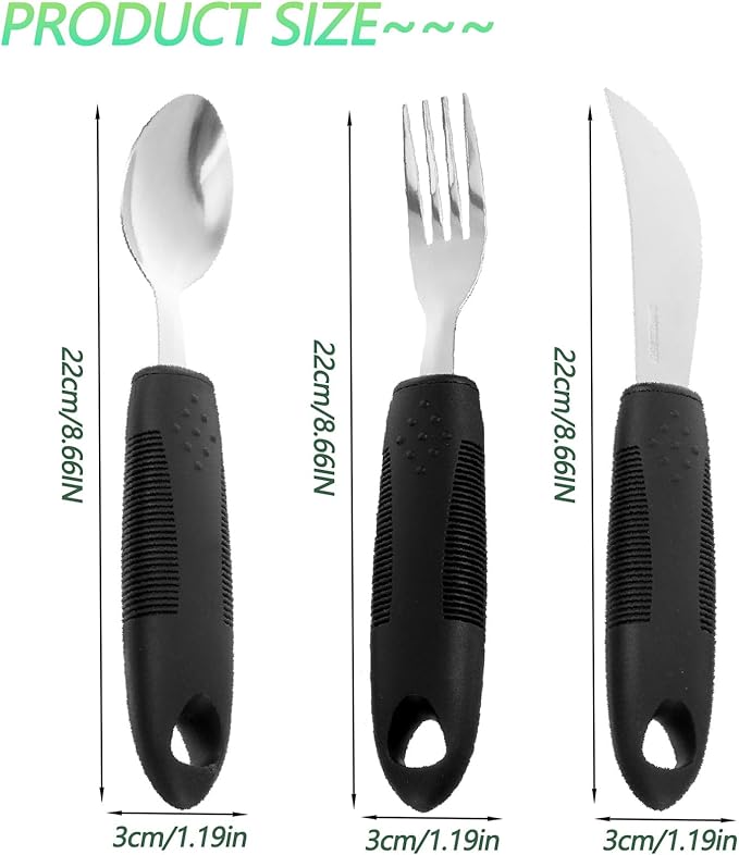3PCS Adaptive Utensil Set - Arthritis Aid Silverware for Parkinsons, Hand Tremors - Easy Grip for Shaking and Trembling Hands - Heavy Stainless Steel Spoon (Regular)