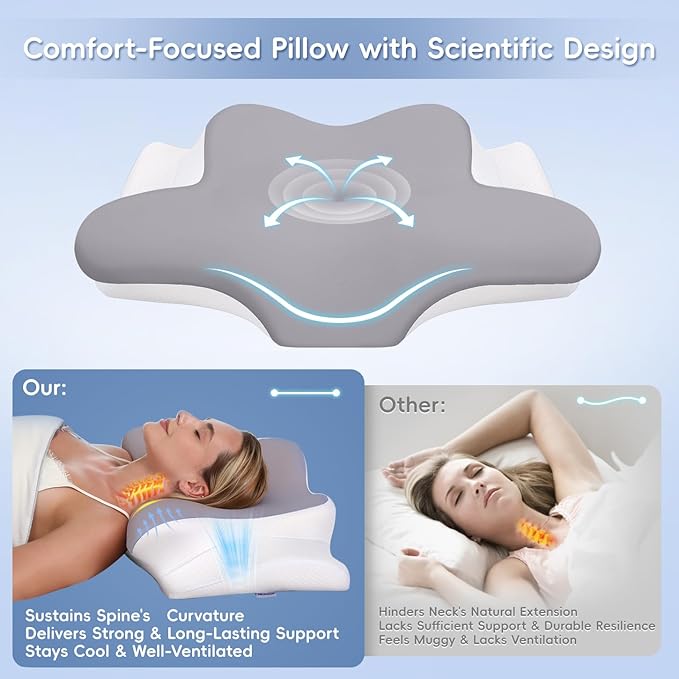 Cervical Neck Pillow, Memory Foam Pillows for Neck & Shoulder Pain Relief, 2 Heights Ergonomic Pillow with Breathable Ice Silk Cover, Neck Support Pillow for Stomach Sleepers Grey