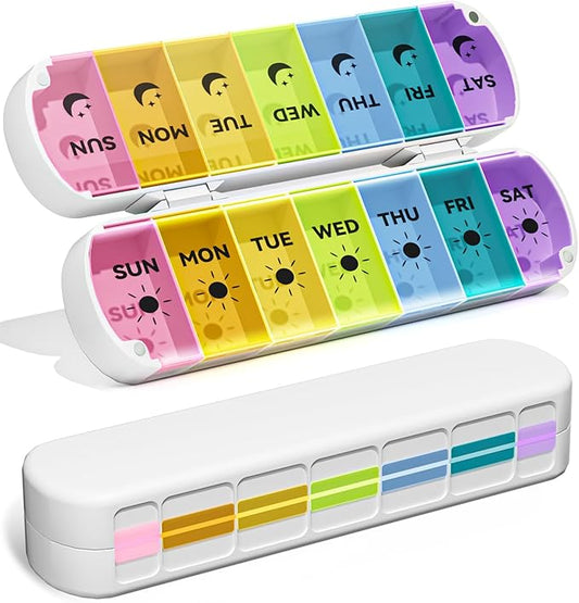 Foldable Weekly Pill Organizer 2 Times a Day - Magnetic Moisture-Proof 7 Day Pill Box AM PM, Portable Travel Medicine Organizer with Removable Lids for Vitamins, Supplements and Fish Oils