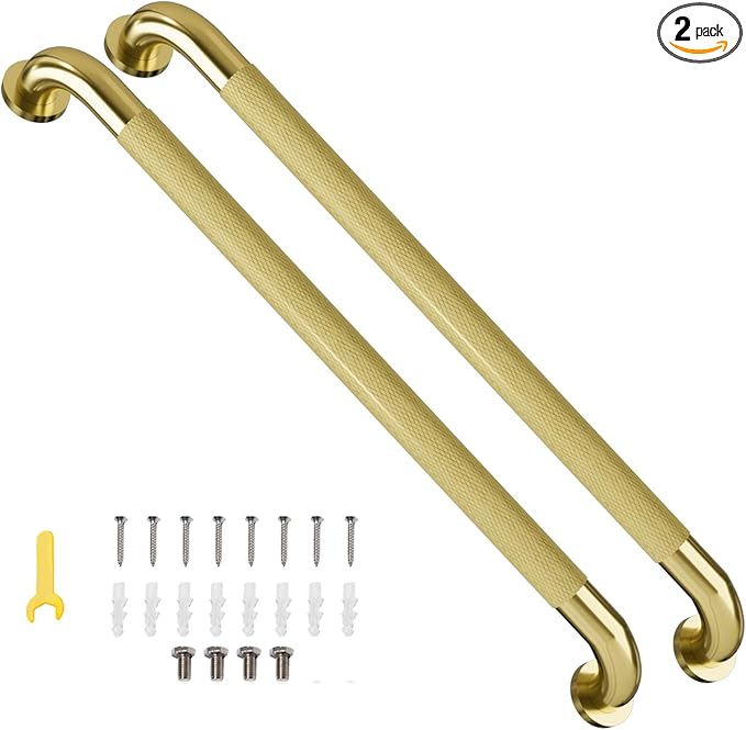 2 Pack Shower Grab Bar, Brushed Gold 32 Inch Bathroom Grab Bar Handle with Anti-Slip Knurled Grip, Stainless Steel Bath Balance Bar, 1.25" Diameter Bath Safety Bar Support for Seniors Elderly Pregnant