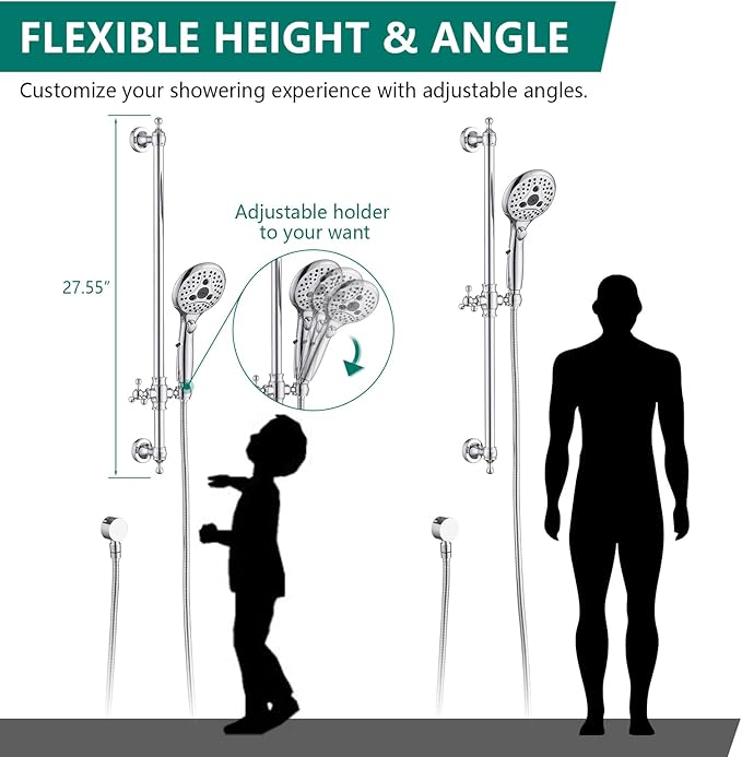 Handheld Shower Head with Slide Bar Combo, 6 Settings Handheld Shower with ON/OFF Pause Switch, Adjustable Height 27.5" Long Slide Bar, Round Wall Supply Elbow and 6.6ft Shower Hose, Chrome