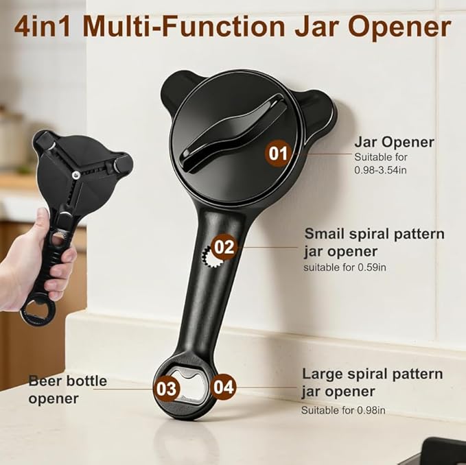 Jar Opener for Seniors, 4-in-1 Adjustable Multi-Purpose Lid Opener with Non-Slip Grip for Jars, Bottles and Beer Caps, Perfect for Seniors, Arthritis and Weak Hands (2 PCS, Black)