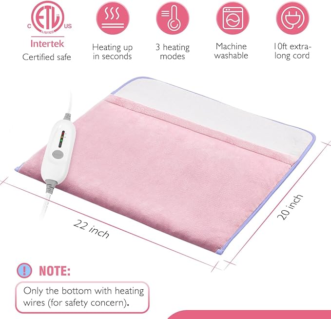Foot Warmer Electric, Heating Pad King Size Ultra Soft Flannel, Extra Large for Bed, Abdomen, Feet, Back, Cramp, Office/Home Under Desk, 10ft Cord, Auto Off, 22" x 20" - Pink