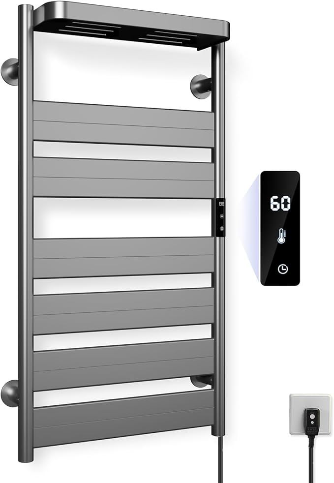 Towel Warmer Rack, Heated Towel Rack for Bathroom, Wall-Mounted Plug (Not Hardwired), Aluminum alloy/6 large area heating rods, With Timer and Temperature Adjustment, Overheat Protection Function Gray