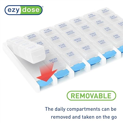 EZY DOSE Weekly (7 Day) 4 Times a Day Push Button Pill Organizer and Vitamin Planner, Removable Daily Pillboxes, Blue, Clear Lids, Large, BPA Free