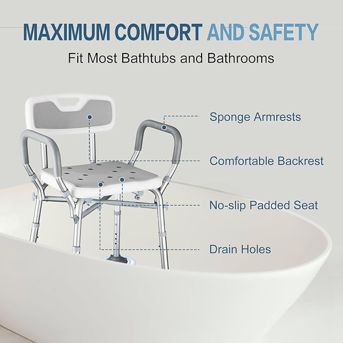 Upgraded Shower Chair for Inside Shower - 6 Height Adjustable (13.4-18.1"), Shower Chair for Elderly and Disabled with Arms and Back, Reinforced Crossbars for 550lbs w/4 Suction Cups