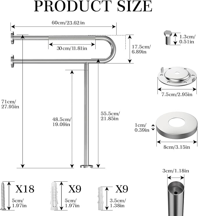 Toilet Grab Bar Support Rail 23.6 Inch, Anti-Slip Knurled Brushed Nickel Safety Bar, Handicap Bathroom Handrails for Elderly Disabled Pregnant, 304 Stainless Steel Wall to Floor