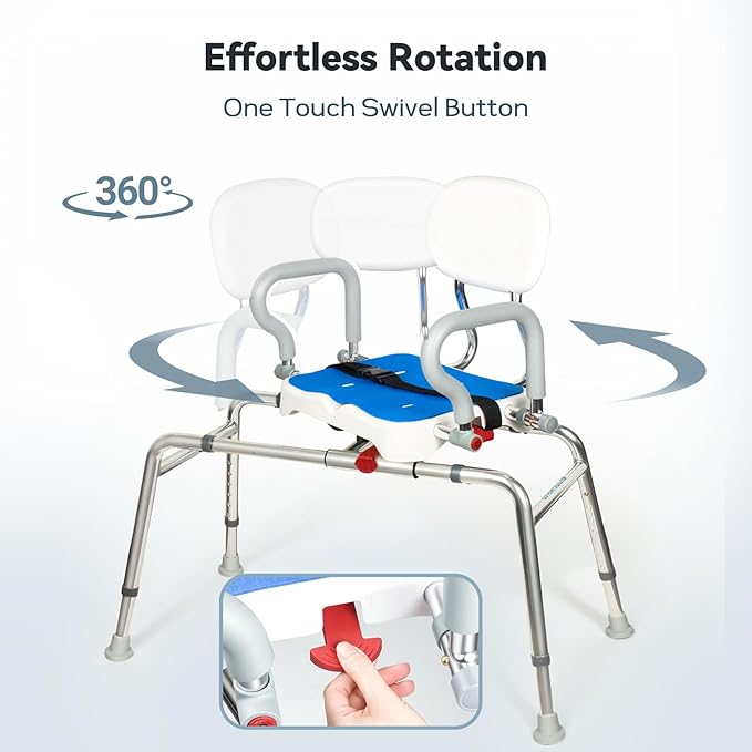 Sliding Shower Chair with Swivel Seat for Tub – 450lbs Bariatric 360° Rotating Bathtub Transfer Bench Inside Shower, Adjustable Height & Width Bath Chairs for Adults Seniors Elderly and Disabled