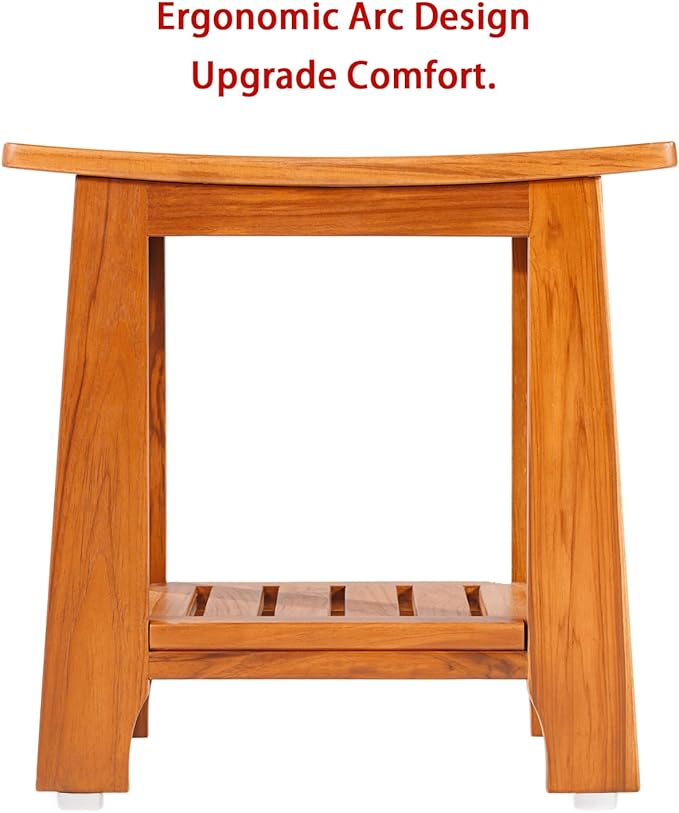 14" Compact Teak Shower Stool with Shelf & Handle - Waterproof, Non-Slip Bath Bench for Small Bathrooms/Tub/Outdoor Use, 300 lbs Capacity (Patented)