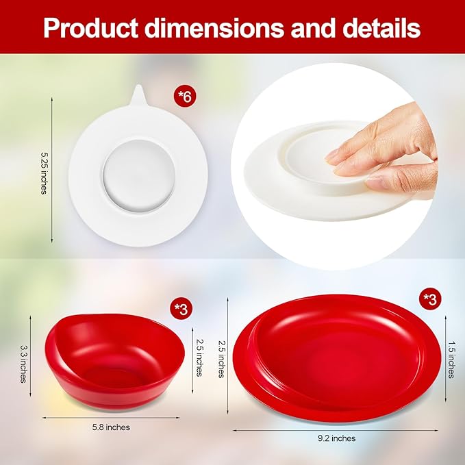 Hushee 3 Sets Adaptive Spill Proof Scoop Bowl and Plate Set with Suction Base Non Skid Self Feed Suction Dinnerware for Elderly Disabled Handicapped from Parkinsons Tremor (Red)